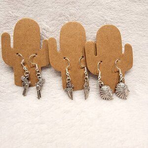 Little Silver Western Six Guns, Arrows, and Indian Head Earrings - All 3 pairs